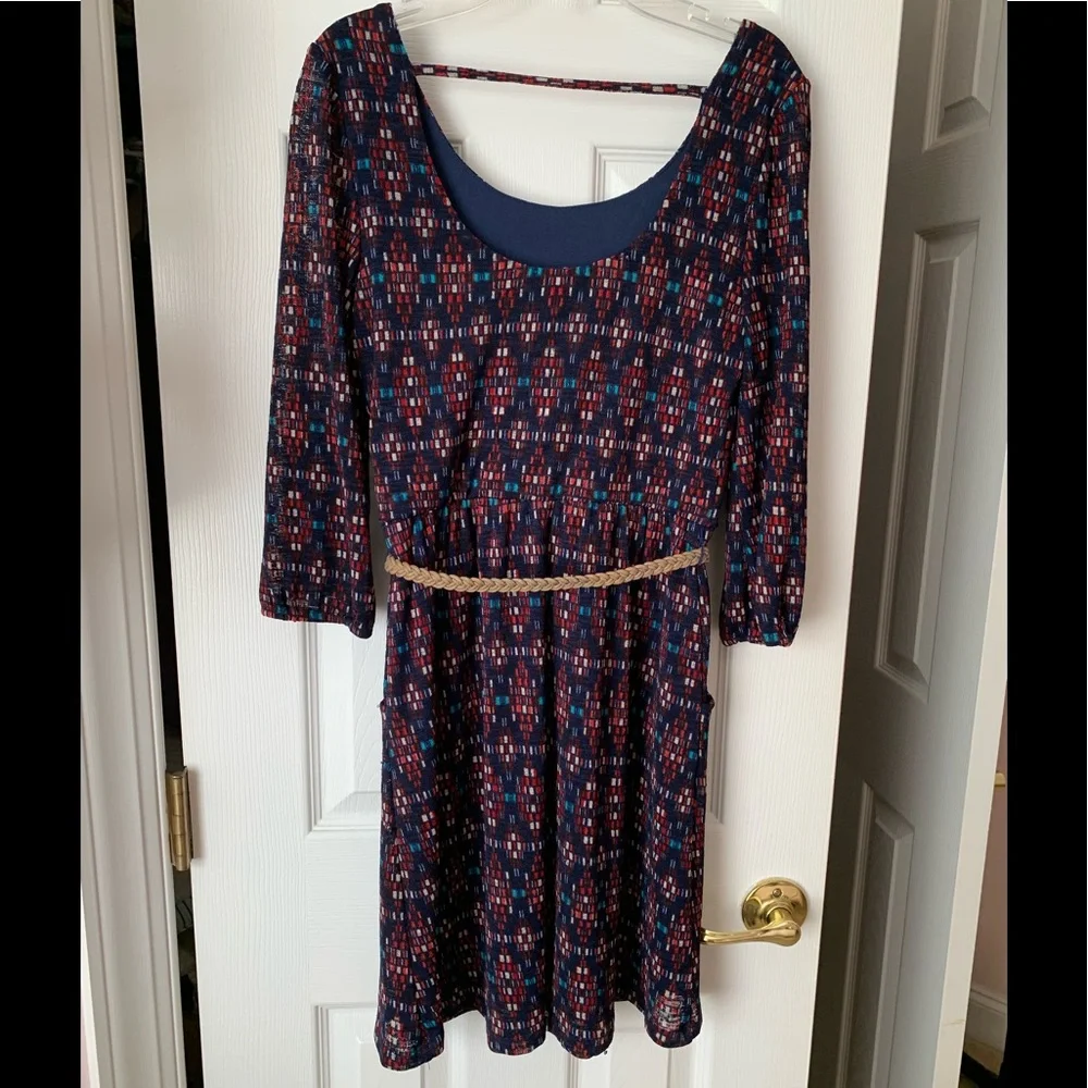 Red Camel Dress Juniors S Blue Fit & Flare Belted 3/4 Sleeve Scoop Back